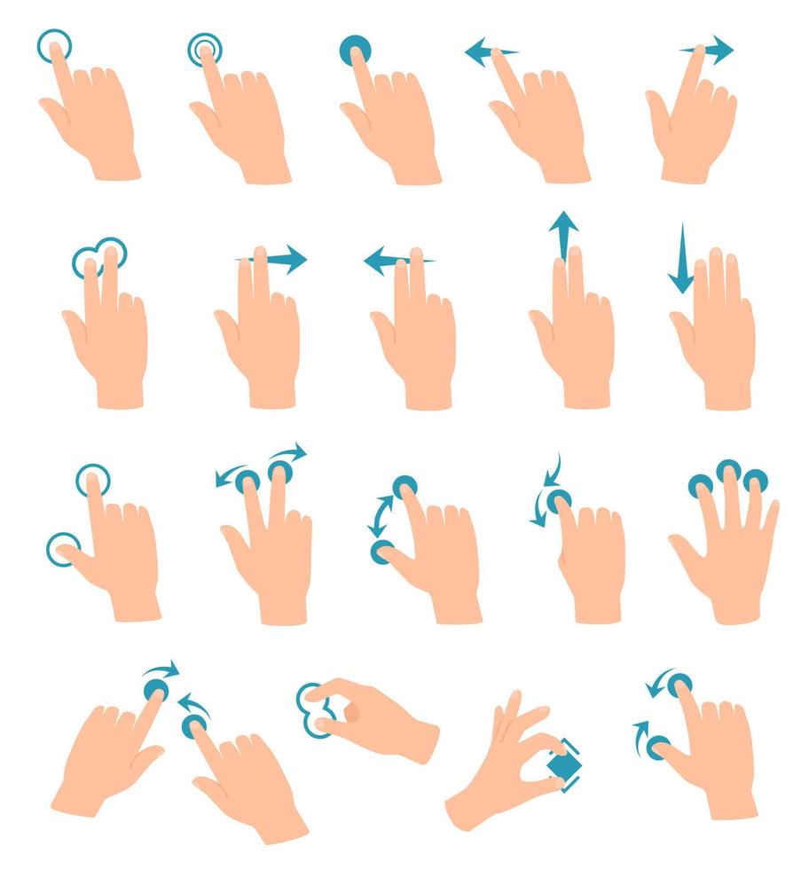 Touch screen gestures. Tablet or smartphone hand gesture swipe, touch, click, zoom. Cartoon touchscreen devices hand motion icon vector set