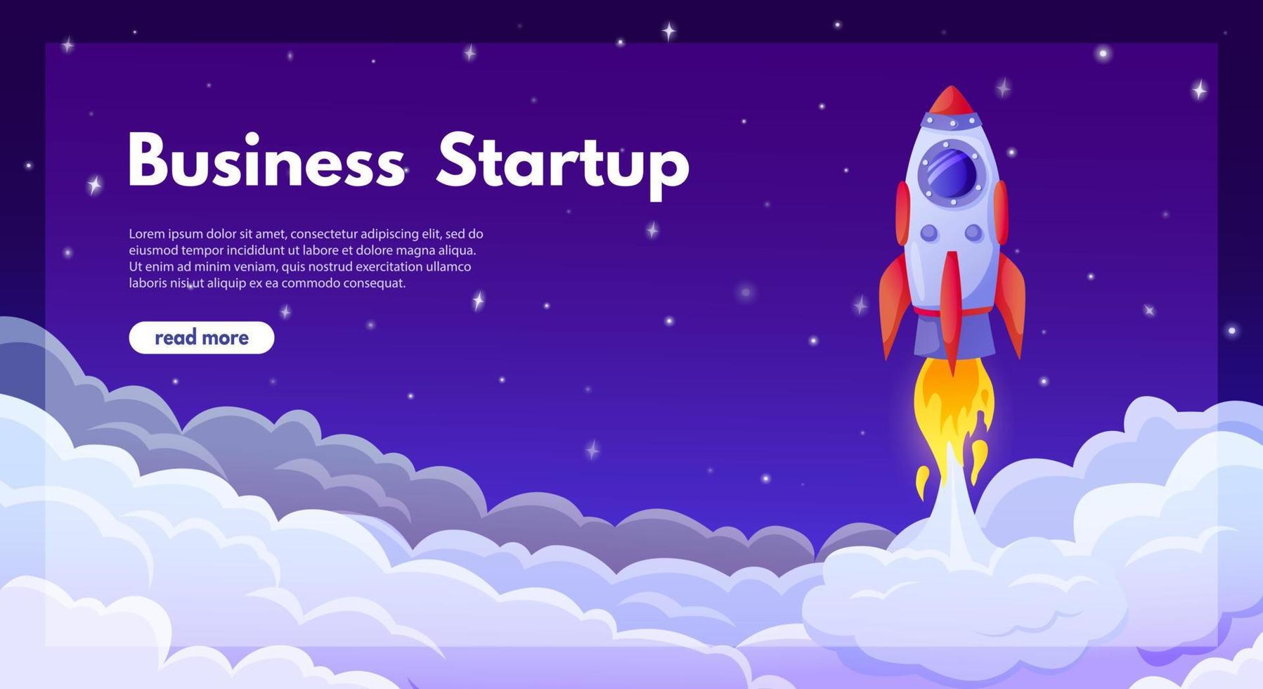 Business startup launch. Starting new project concept with rocket launching in sky. Cartoon successful product release vector landing page