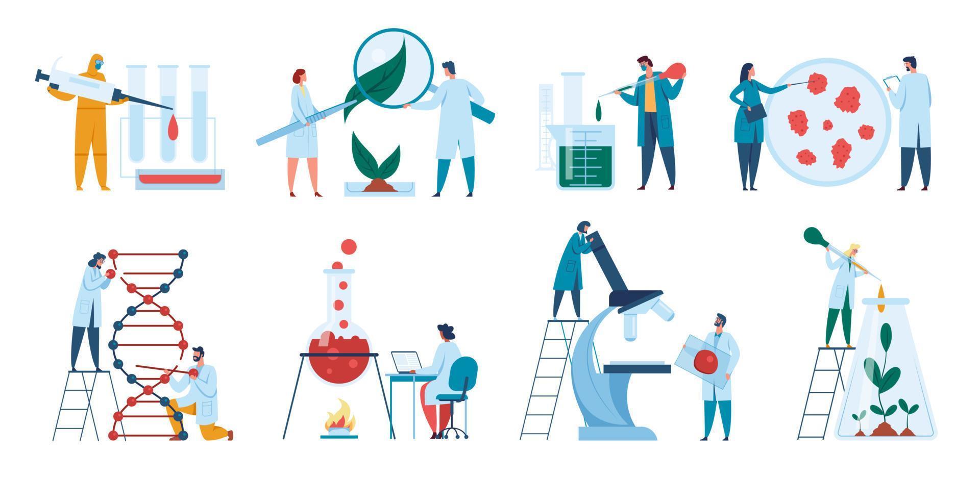 Scientists working in laboratory. Researchers, biologists doing science experiments. Dna research, pharmaceutical chemistry concept vector set