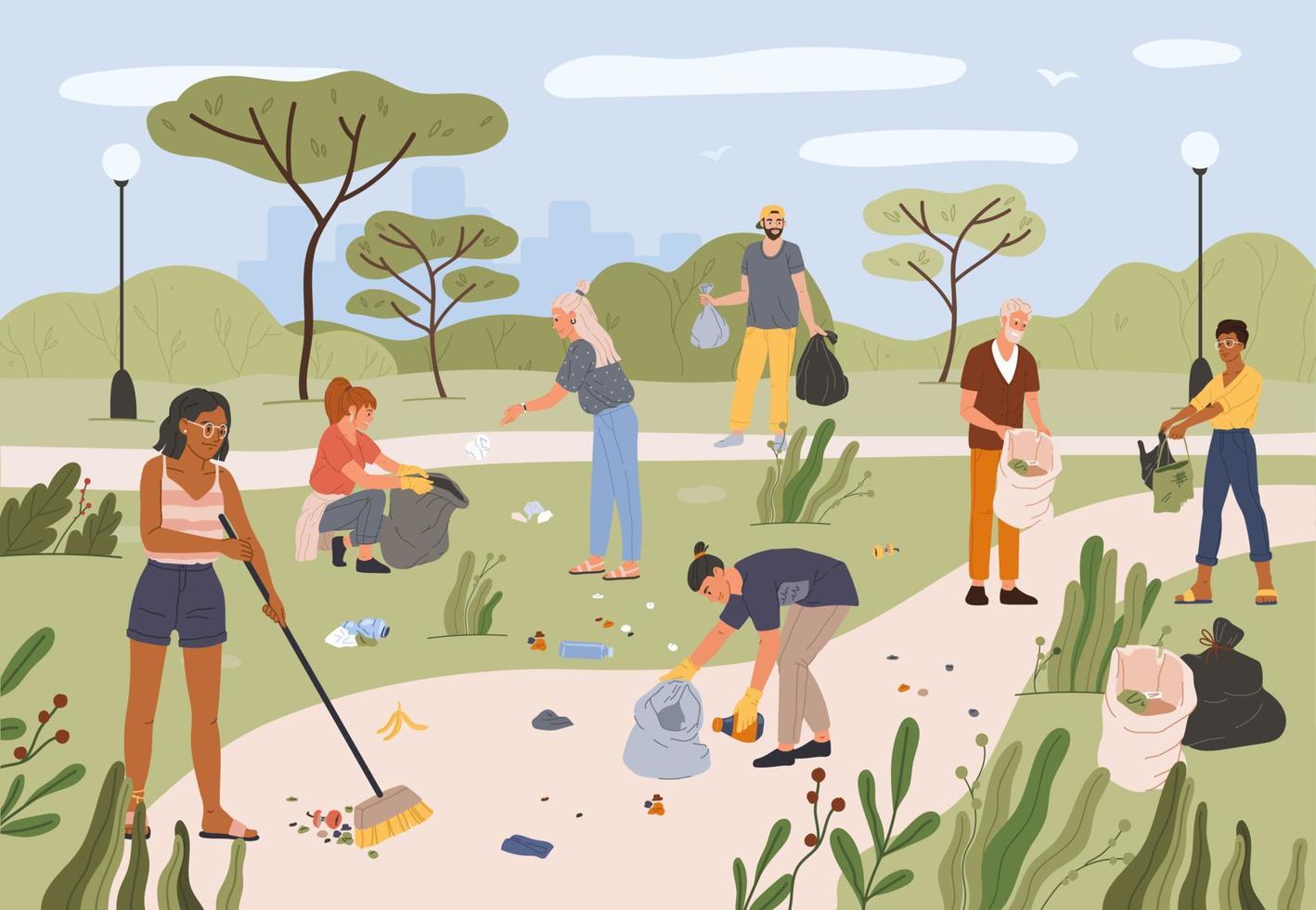 People collecting garbage in city park. Men and women volunteers cleaning park together from trash and plastic waste flat vector illustration