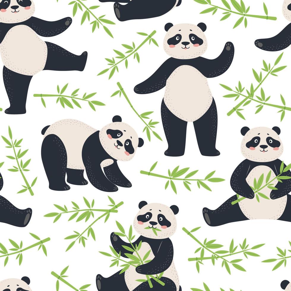 Panda pattern. Cute pandas with bamboo leaves. Cartoon happy asian bear characters animal child fabric print seamless vector texture