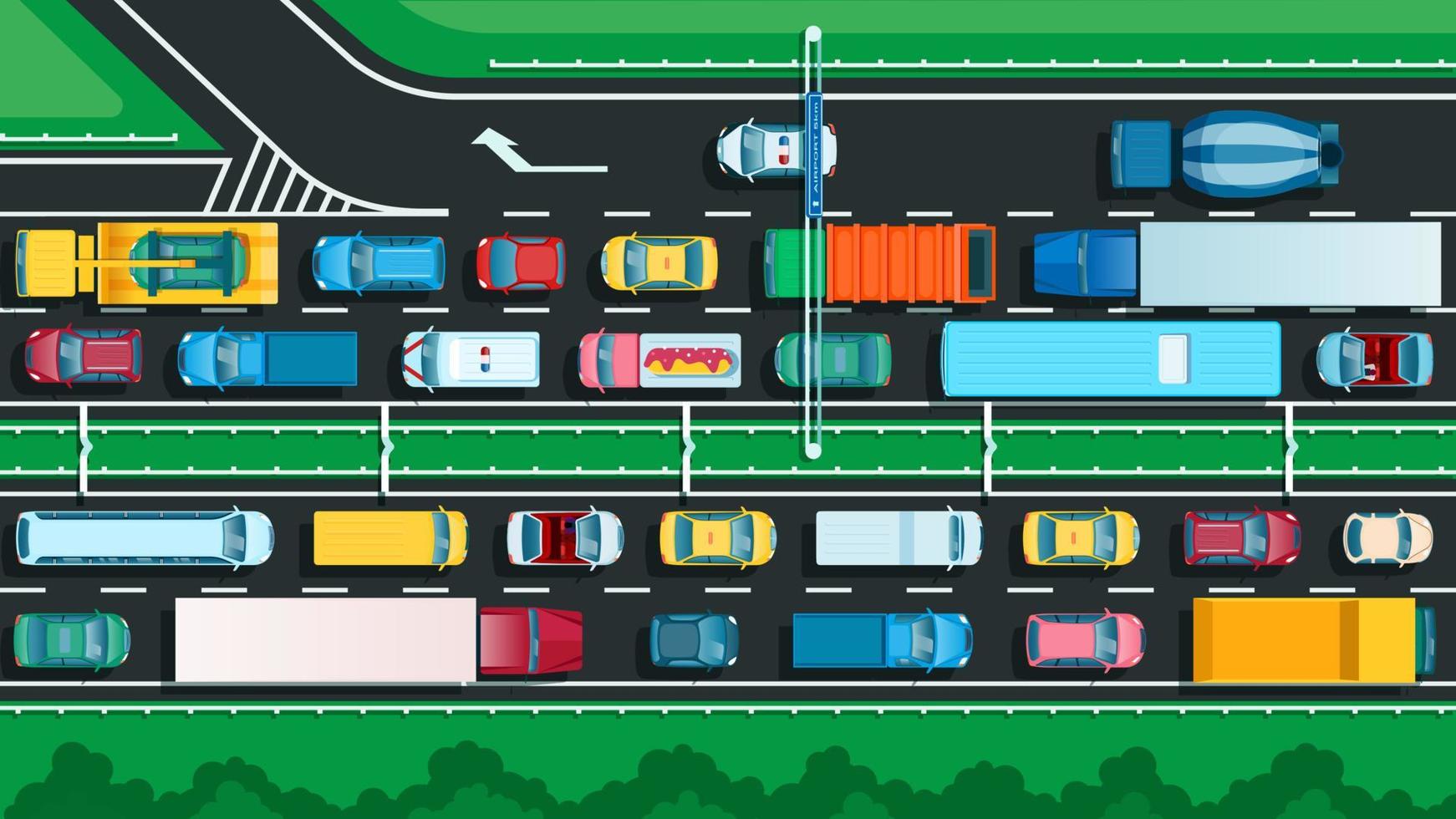 Top view highway with traffic jam. Many different cars on city street. Transportation problem, urban transport on jammed road vector illustration