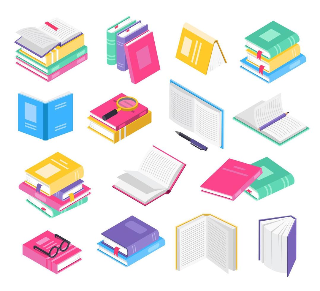 Isometric 3d books. Open and closed school textbooks with bookmarks, book stacks. Academic literature, education, reading elements vector set