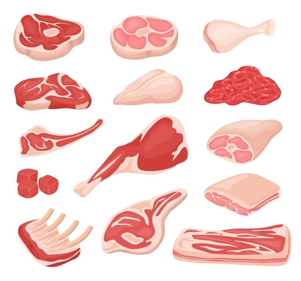 dibujos animados Fresco carne. crudo carne de res, Cordero pierna, bife, estante de Cerdo costillas, picado carne, tocino. variedad Cocinando granja producto ingrediente vector conjunto