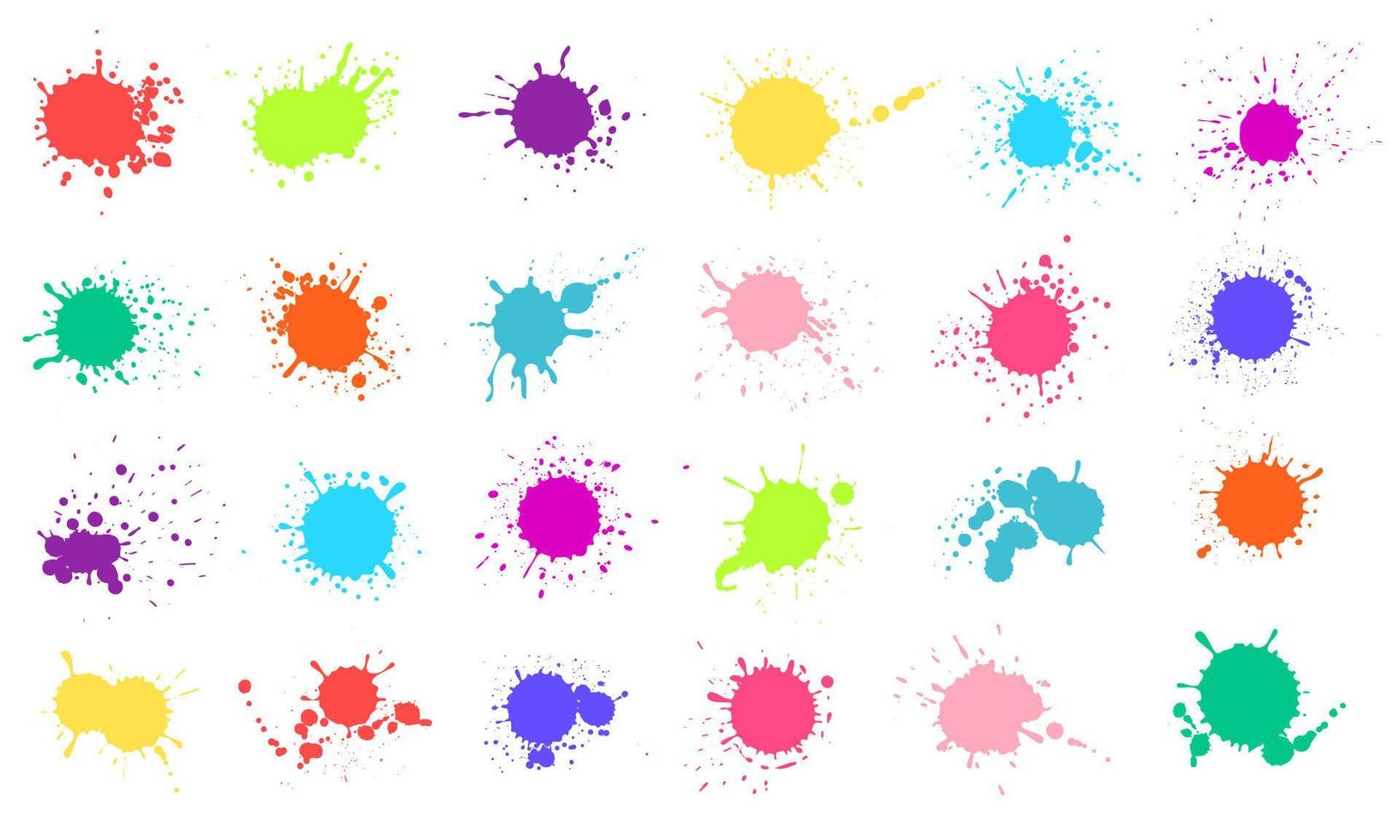 Paint splashes. Colorful liquid paints splatter. Colored ink drops, stains, blots. Abstract grunge color inkblot shape silhouette vector set