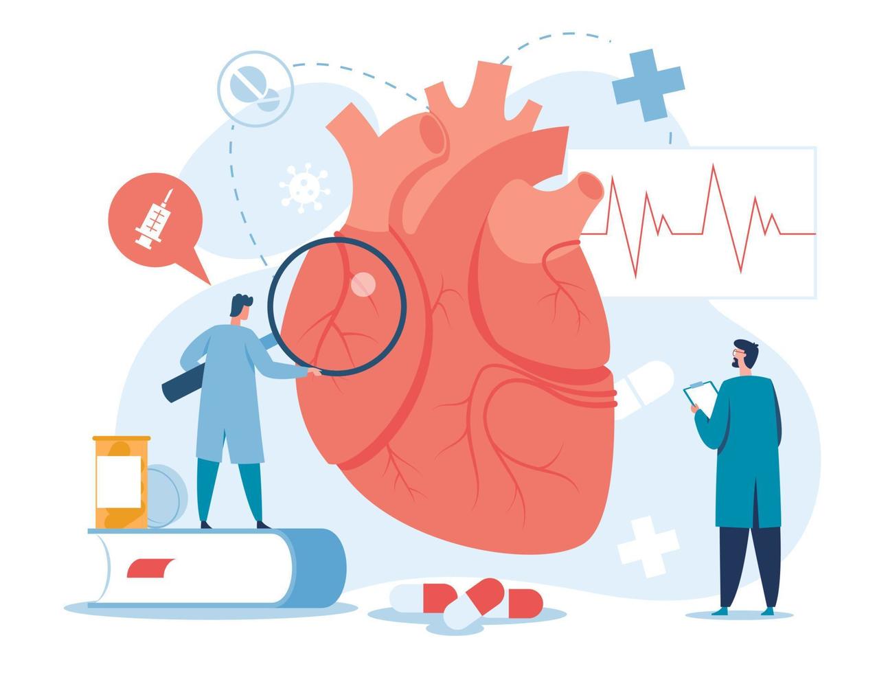 cardiología. cardiólogos examinando corazón. alto colesterol médico diagnóstico, corazón fracaso tratamiento, corazón trasplante vector concepto