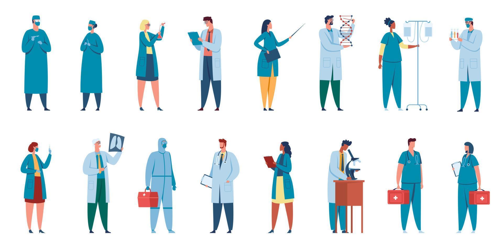 hospital trabajadores cuidado de la salud caracteres doctores, enfermeras, cirujanos, medicos en profesional uniformes médico personal equipo vector conjunto