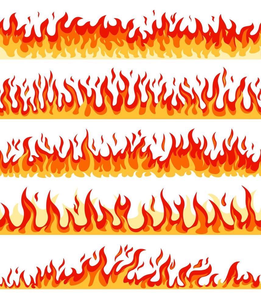 Cartoon flame border. Red or orange hot burning flames, blazing fires, wildfires. Seamless horizontal fire flaming borders vector set