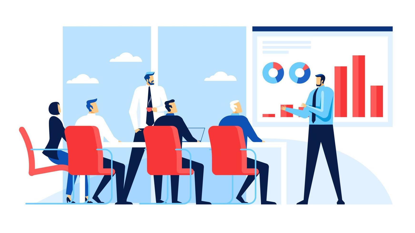 Business team meeting. Office workers discussing business strategy. Presentation conference, brainstorming, training vector concept
