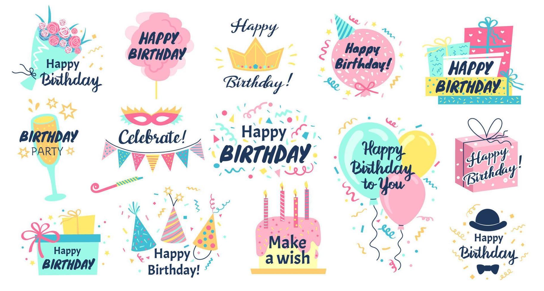 Happy birthday lettering. Greeting card decor with doodle elements cake, confetti, balloons. Hand drawn birthday typography logo vector set