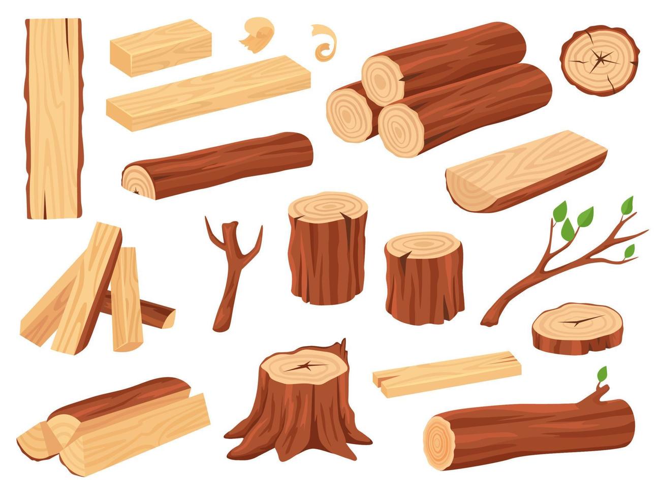 dibujos animados madera registro. árbol bañador, tocones, tablones, apilado leña, ramas con hojas. madera dura madera materiales para Tablas de madera industria vector conjunto