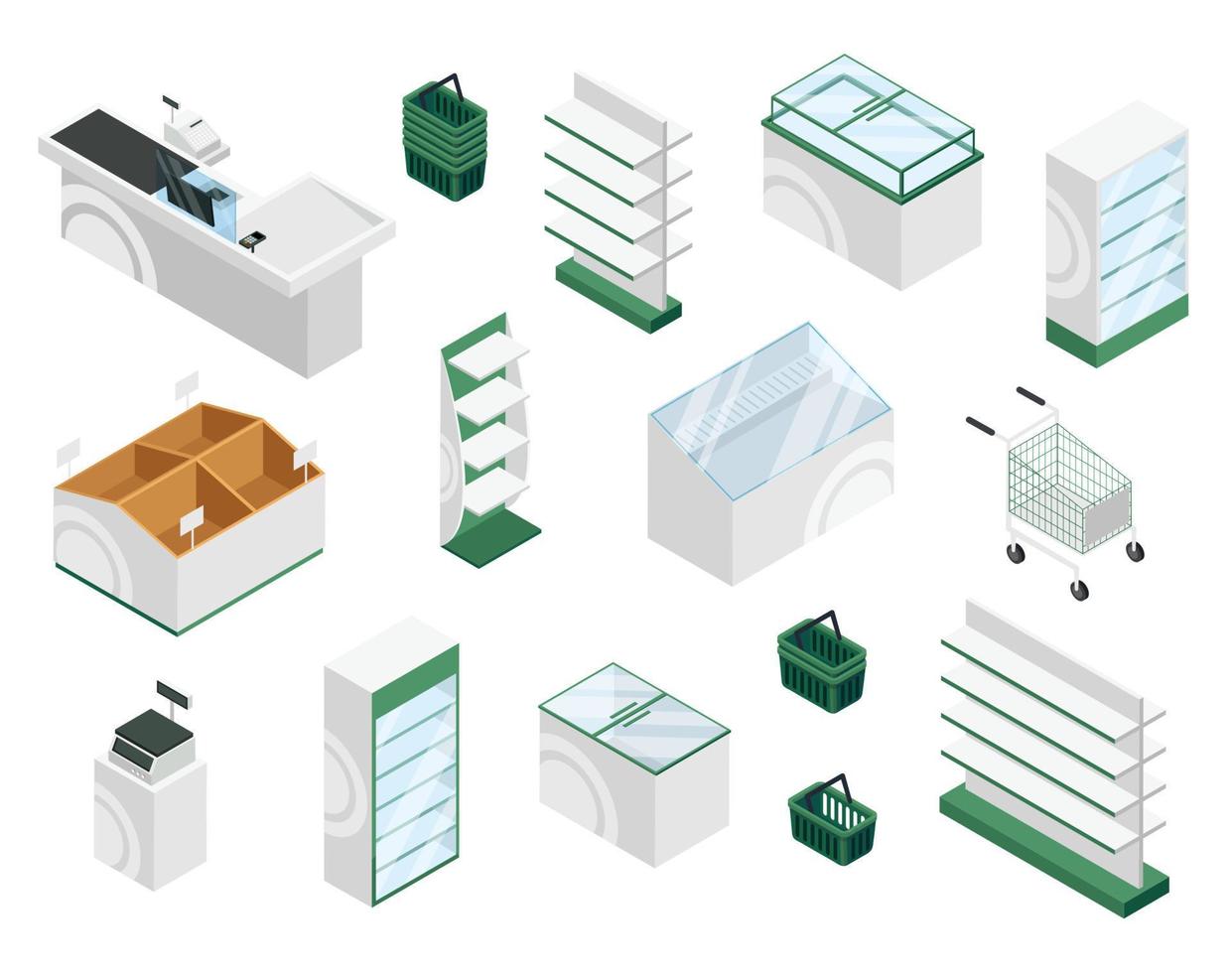 Isometric store furniture. Counter, checkout, shelves, showcase displays, baskets, carts. Supermarket or grocery shop interior vector set