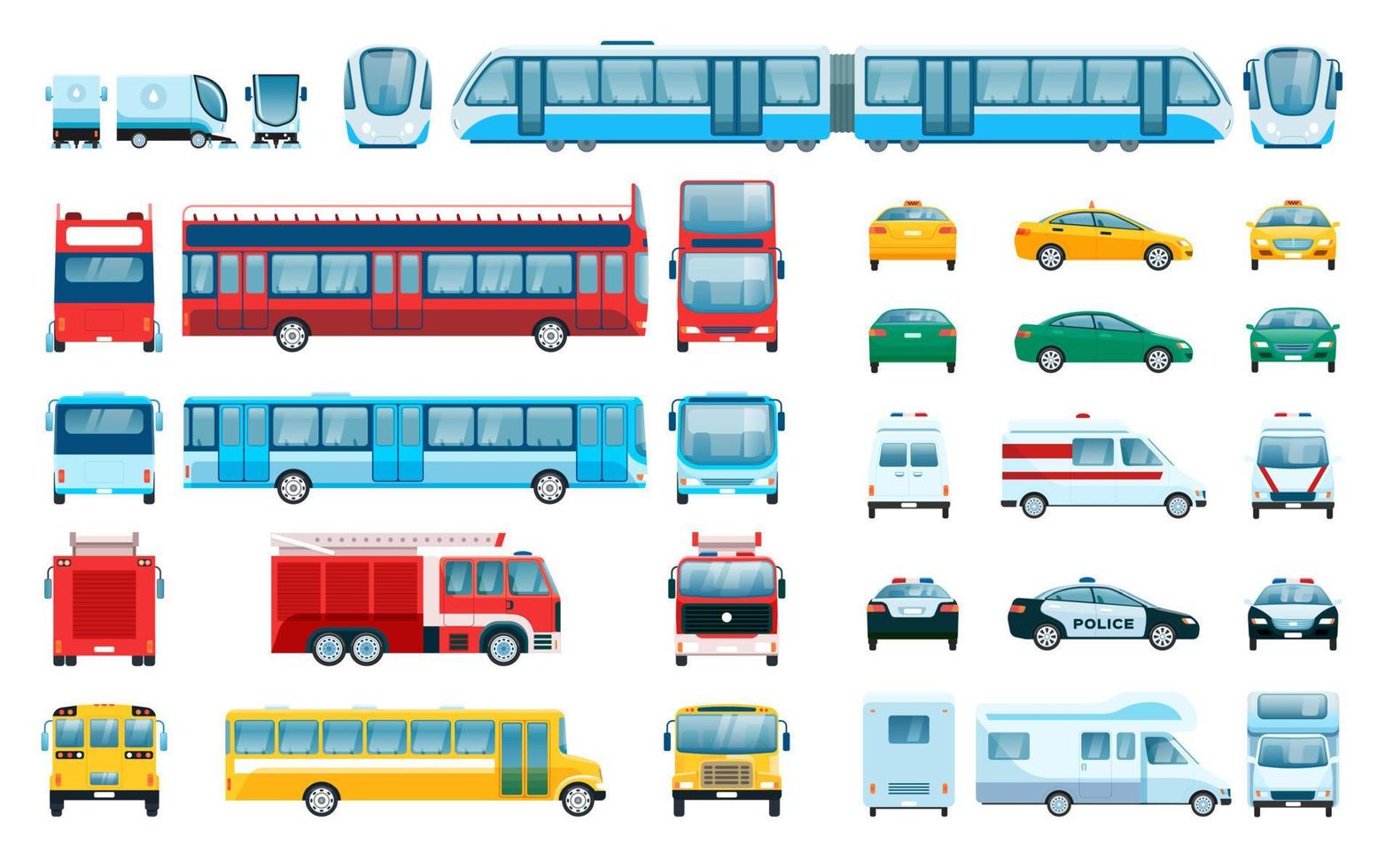 Car side front back view. Urban vehicles Passenger car, taxi, police car, train. Flat city public transport from different angles Vector set