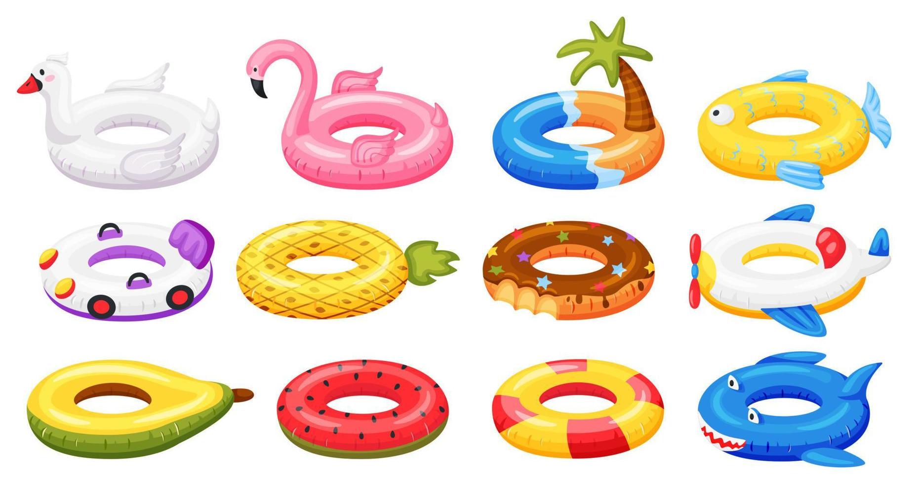 nadando anillo. inflable piscina accesorios, flotante caucho juguetes sandía, piña, rosquilla, flamenco. dibujos animados verano nadar anillo vector conjunto