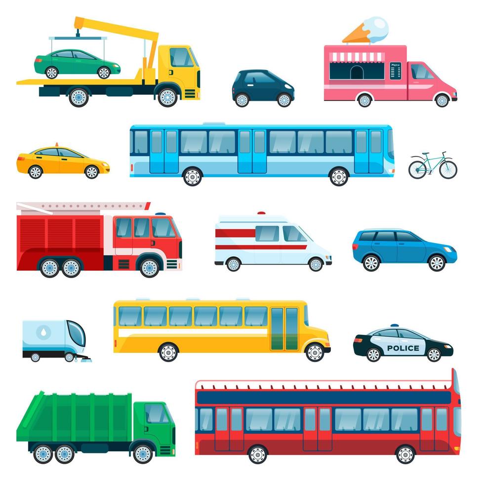 City cars. Passenger car, ambulance, truck, bike, taxi, police car, school bus, fire engine. Flat urban public transport and vehicle vector set