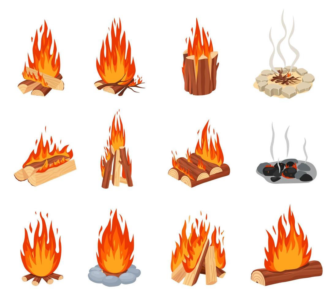 Cartoon bonfires. Outdoor burning fire flames with stone border, burned out bonfire. Forest tourist burning campfire with smoke vector set