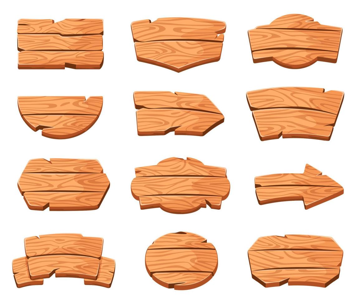 Wood boards. Cartoon wooden signs in various shapes. Arrow direction