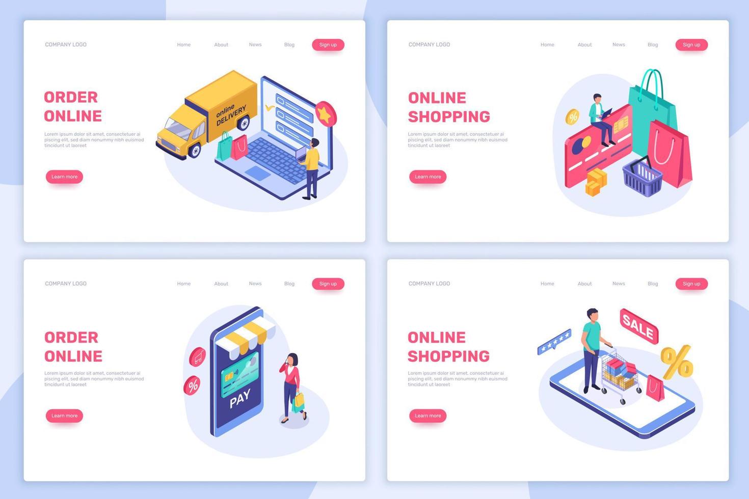 Isometric online shopping. People buying in internet shop concept. Digital payment, online delivery, e-commerce landing page vector set