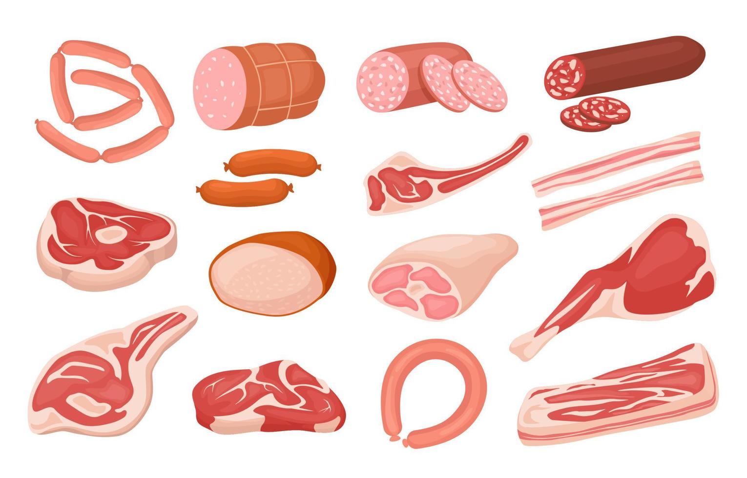 Cartoon meat products. Fresh pork sausages, raw steak, salami slices, ham, bacon, lamb leg. Barbecue product cooking ingredient vector set