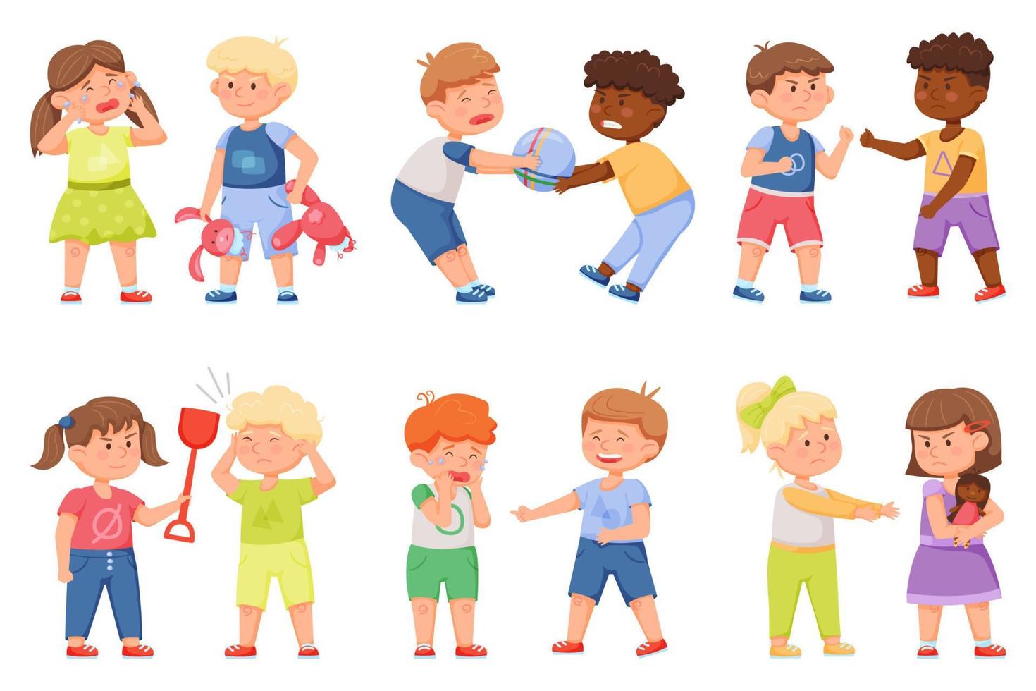 Kid bad behavior. Kids fighting over toys, pushing itch other. Brother bullying sister. Aggressive naughty children behaving badly vector set