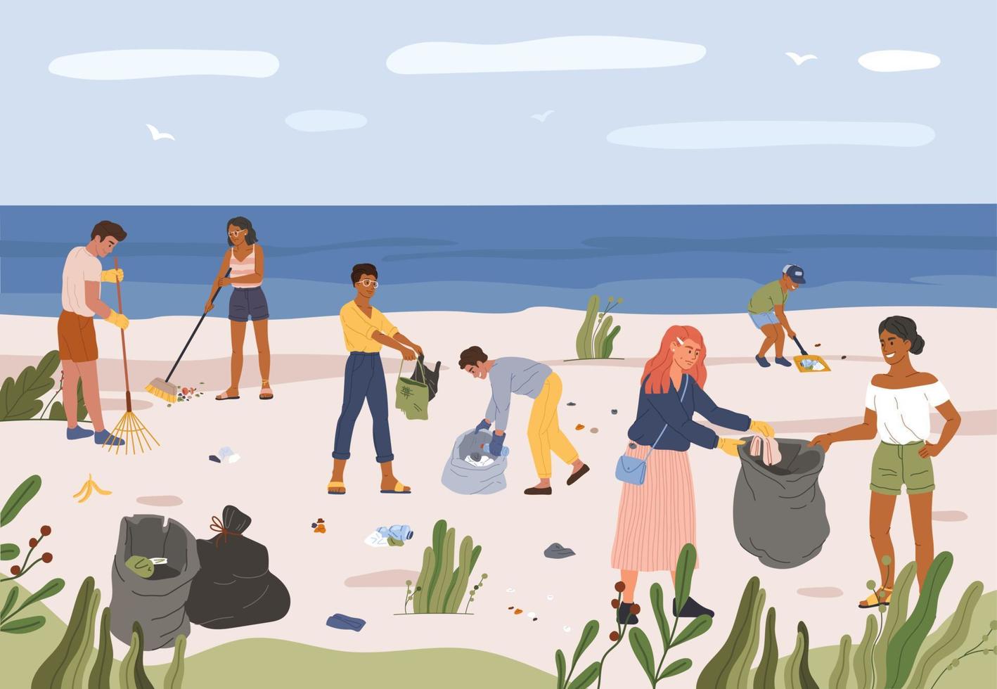 People collecting garbage on beach. Men and women gathering plastic waste in trash bags. Volunteers picking up trash at seaside vector illustration