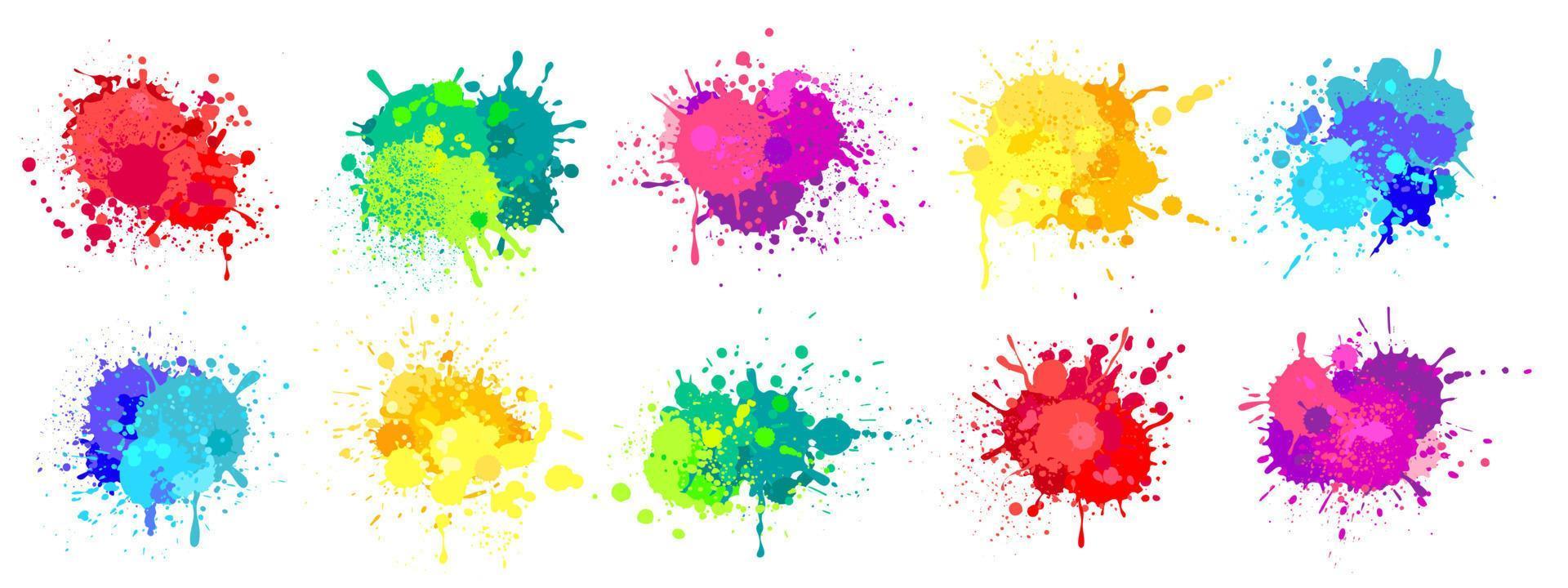 Paint splatter. Colorful spray paints splashes, rainbow colored ink stains, drops, blot. Abstract grunge color painted stains vector set