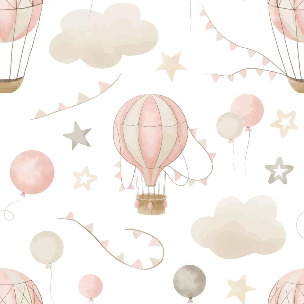 Watercolor seamless Baby Pattern with hot Air Balloons and cloud vector