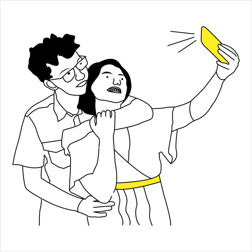 Sketch young couple taking selfie with smart phone. Line art design illustration. vector