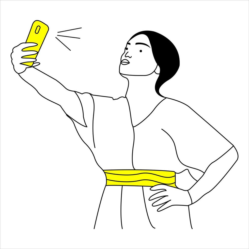 Hand art illustration of beautiful girl taking selfie using mobile phone. vector