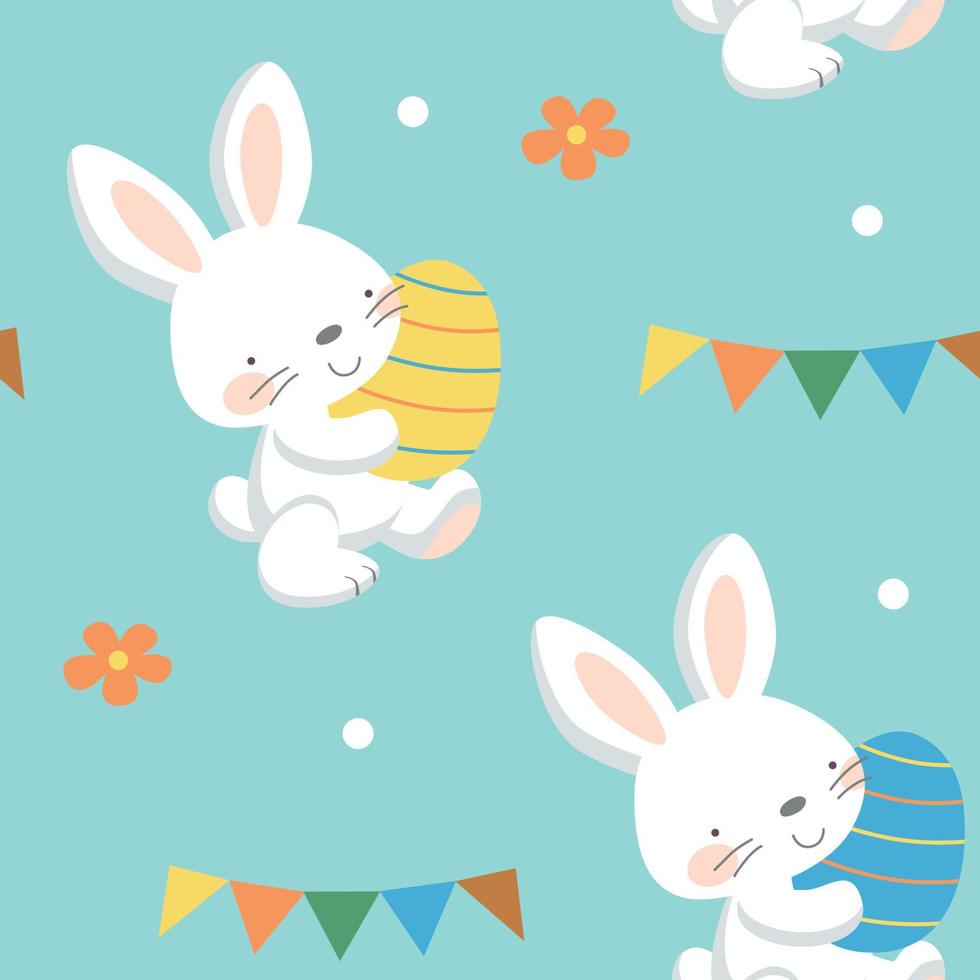 Easter seamless pattern with bunny flowers flag and eggs on blue background vector