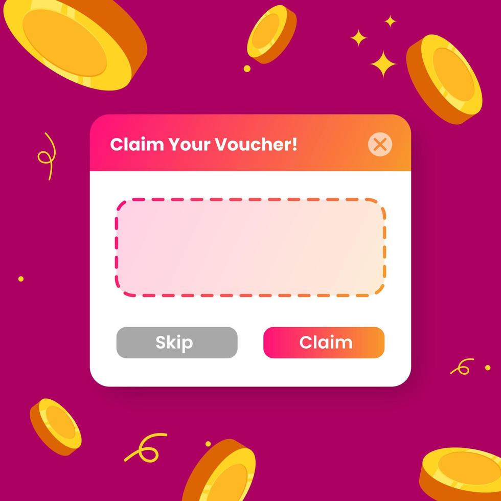 Voucher claim pop up in flat design style. Floating coin vector illustration.