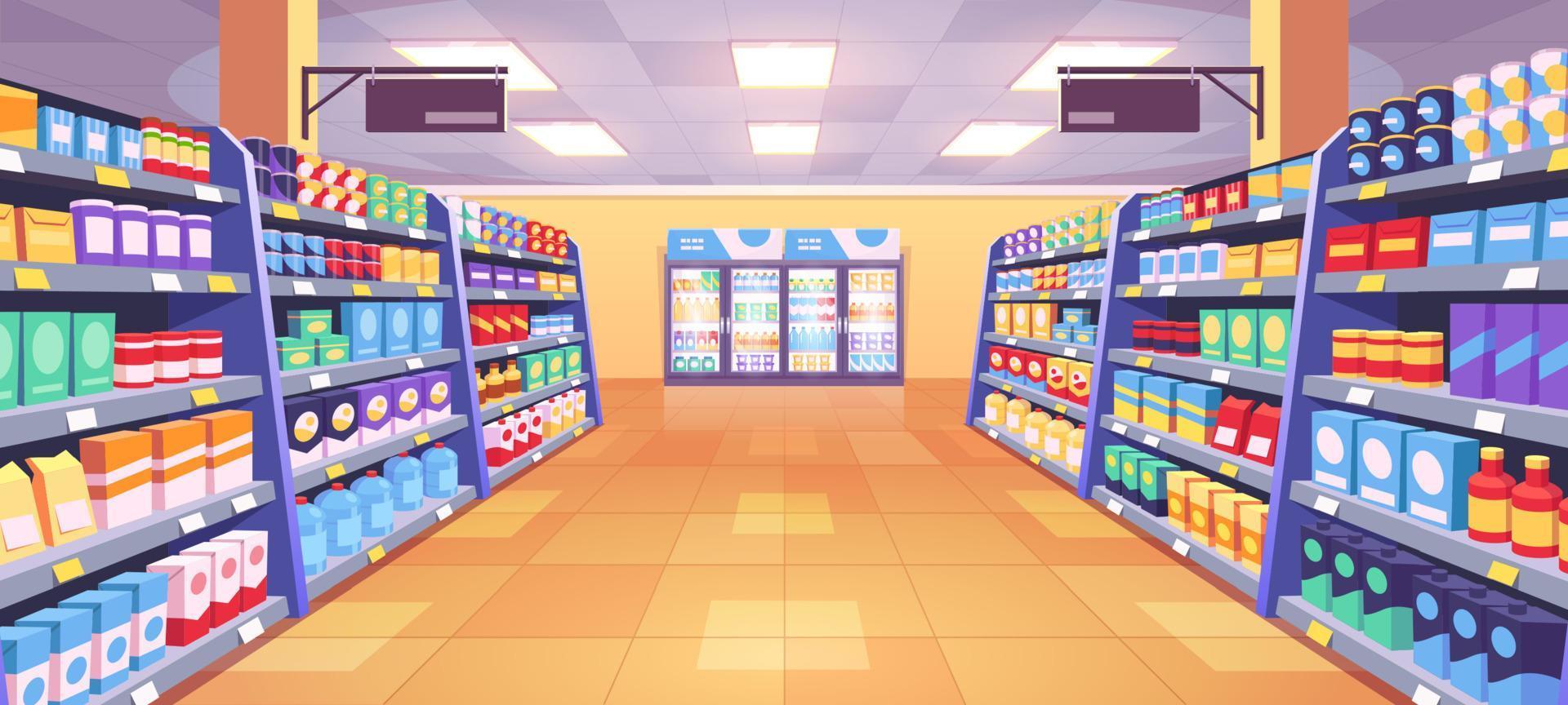 Supermarket aisle perspective view vector