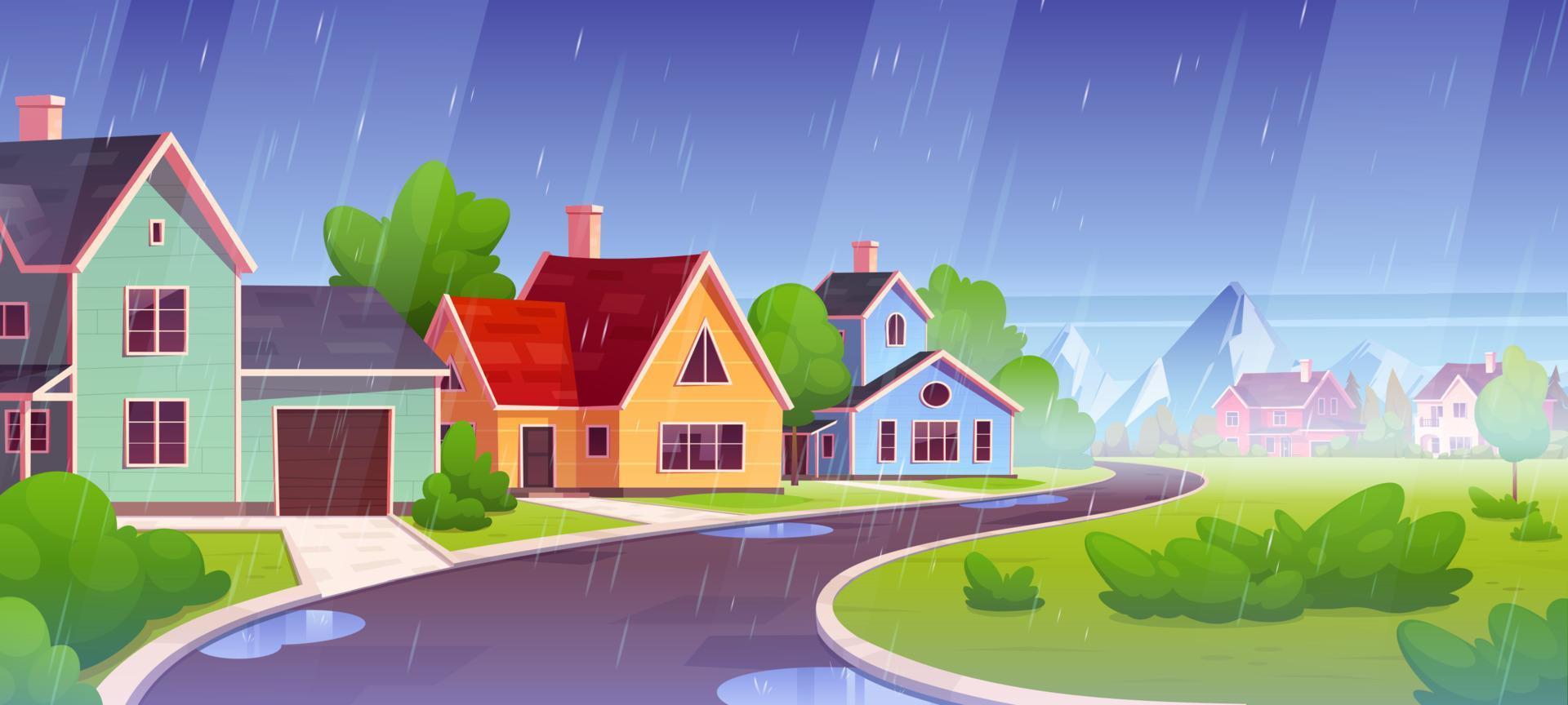 Rainy weather and puddle on suburban street road vector