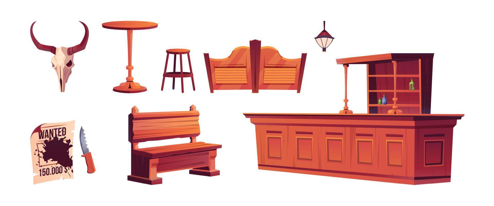 Cartoon set of cowboy saloon interior elements vector