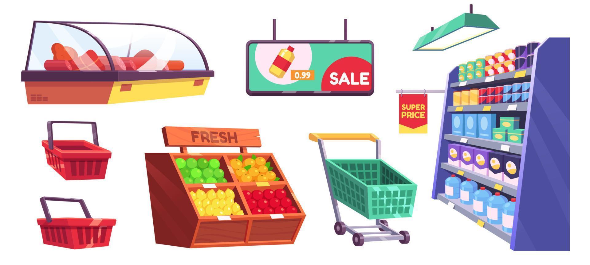 Supermarket, store and market shelves, baskets vector