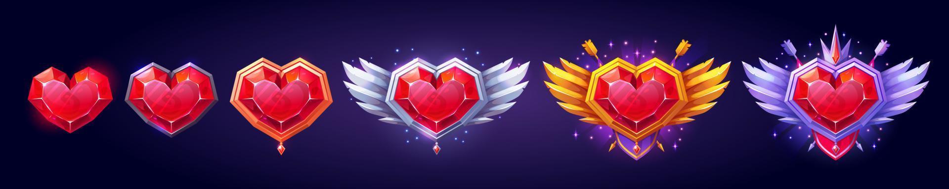 Heart gem rank medal game badge in gold, silver vector