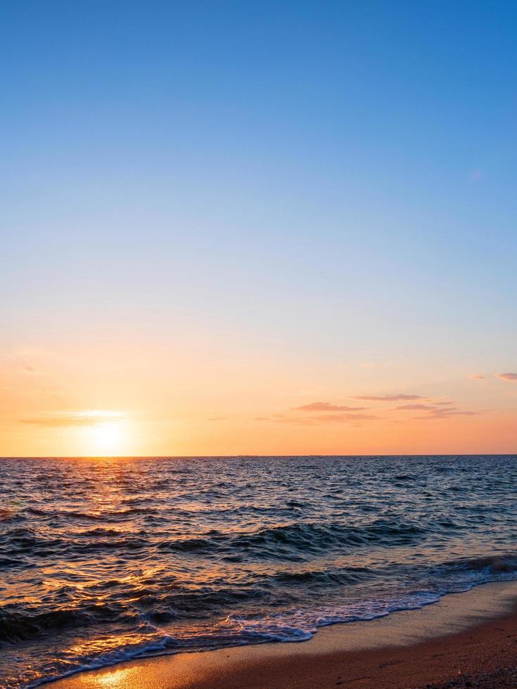 Panorama front viewpoint landscape travel summer sea wind wave cool on holiday calm coastal big sun set sky light orange golden Nature tropical Beautiful evening hour day At Bang san Beach Thailand. photo