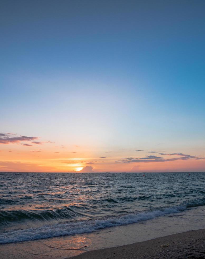 Panorama front viewpoint landscape travel summer sea wind wave cool on holiday calm coastal big sun set sky light orange golden Nature tropical Beautiful evening hour day At Bang san Beach Thailand. photo