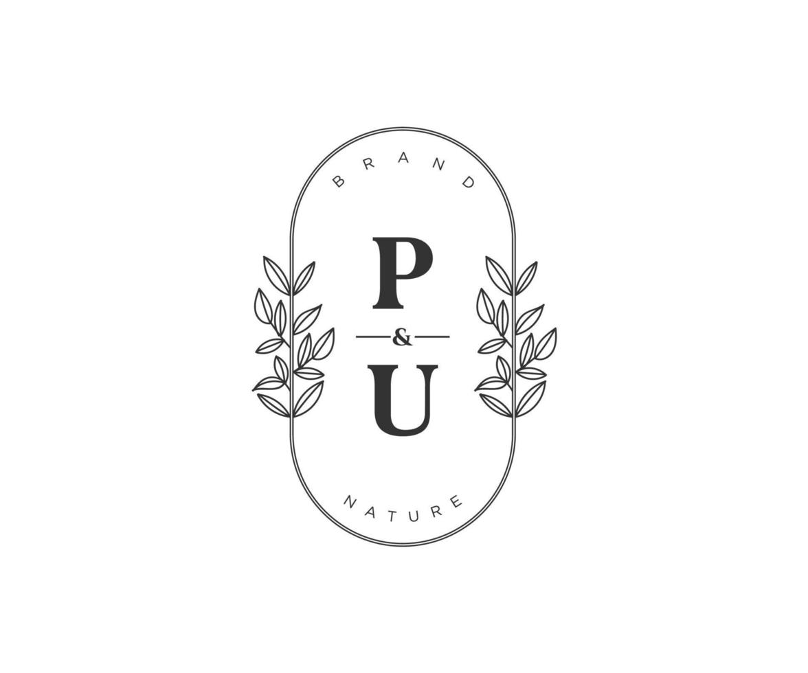 initial PU letters Beautiful floral feminine editable premade monoline logo suitable for spa salon skin hair beauty boutique and cosmetic company. vector