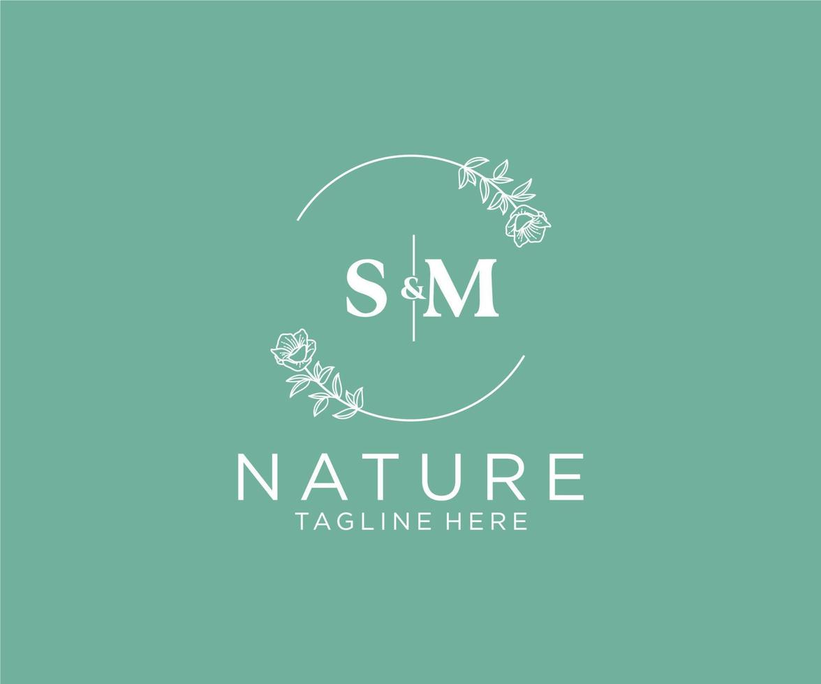 initial SM letters Botanical feminine logo template floral, editable premade monoline logo suitable, Luxury feminine wedding branding, corporate. vector