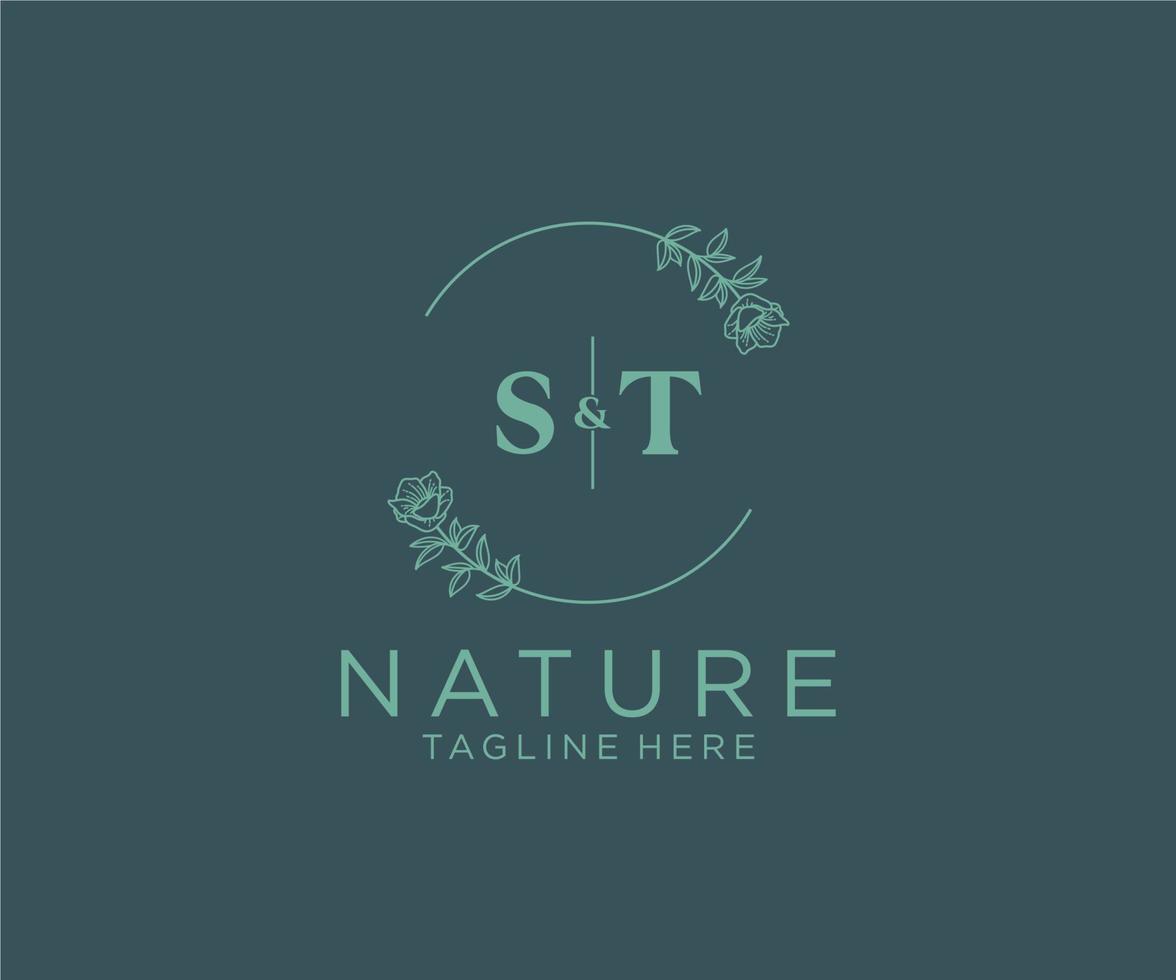 initial ST letters Botanical feminine logo template floral, editable premade monoline logo suitable, Luxury feminine wedding branding, corporate. vector