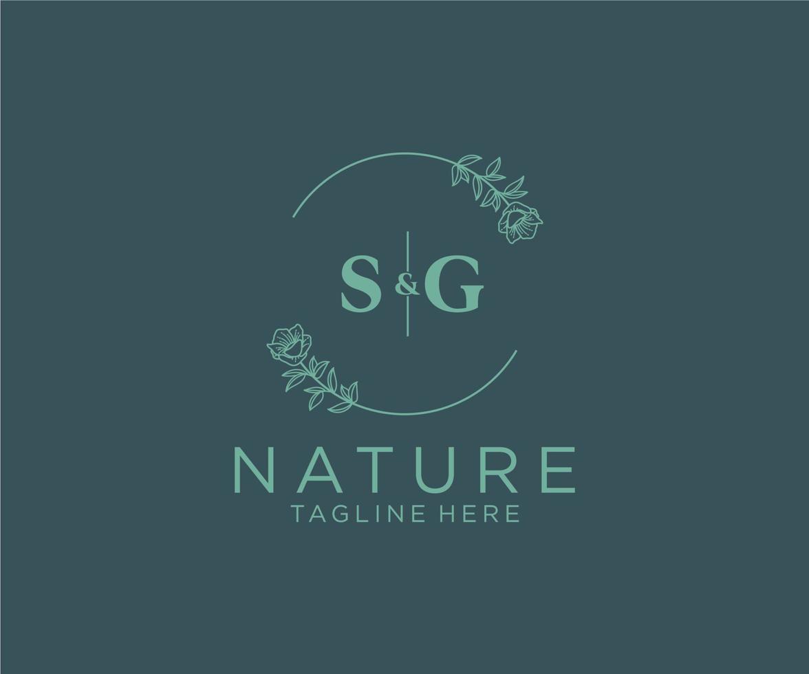 initial SG letters Botanical feminine logo template floral, editable premade monoline logo suitable, Luxury feminine wedding branding, corporate. vector