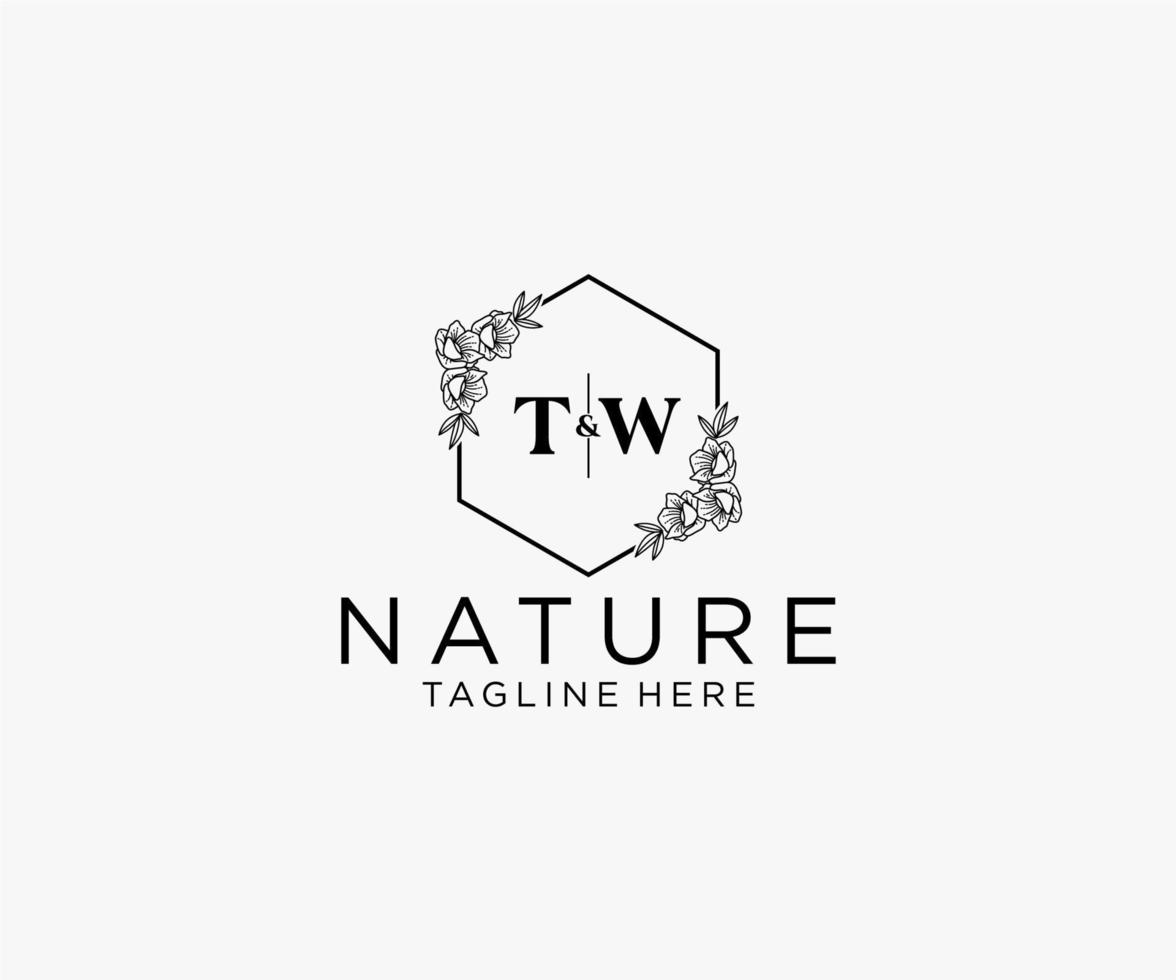inicial tw letras botánico femenino logo modelo floral, editable prefabricado monoline logo adecuado, lujo femenino Boda marca, corporativo. vector