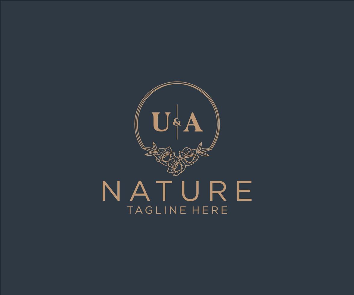 initial UA letters floral frames. Botanical feminine editable premade monoline unique decoration for greeting card, wedding invitation. vector