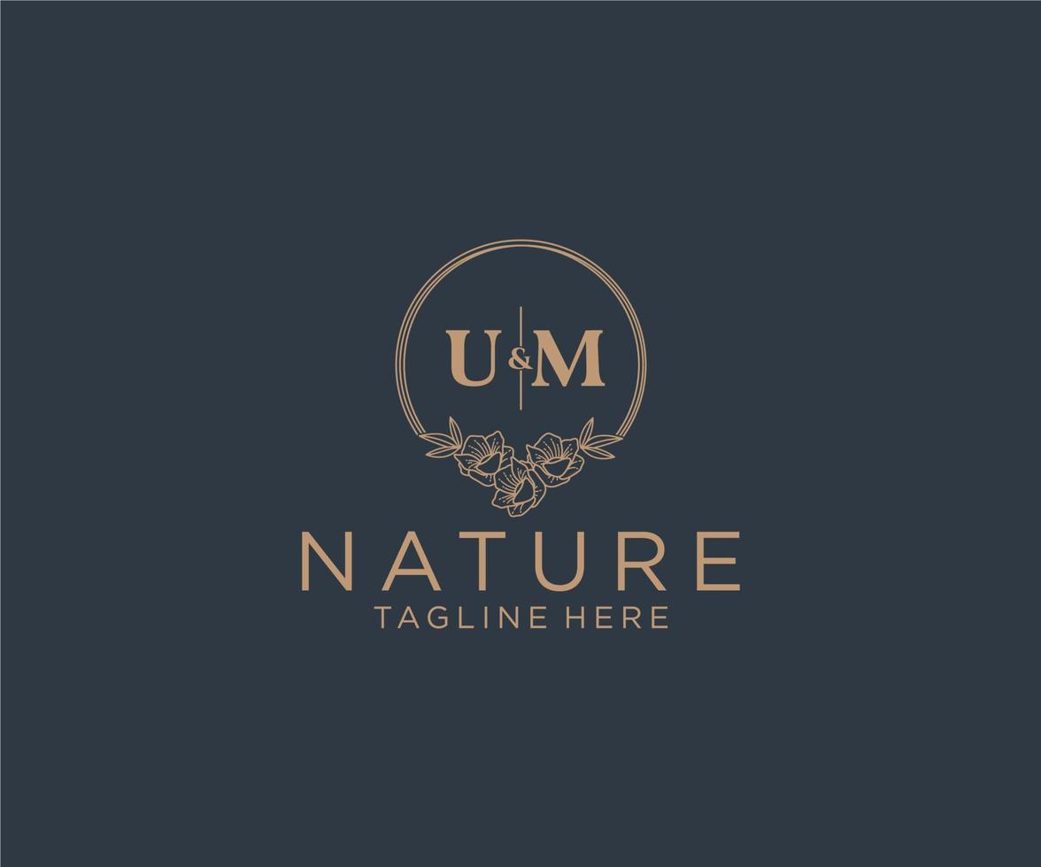 initial UM letters floral frames. Botanical feminine editable premade monoline unique decoration for greeting card, wedding invitation. vector