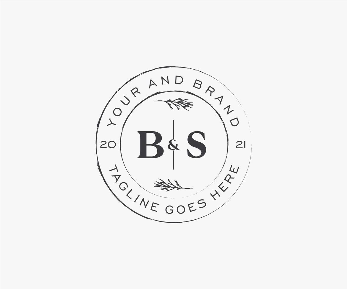 initial BS letters floral frames. Botanical feminine editable premade monoline unique decoration for greeting card, wedding invitation. vector
