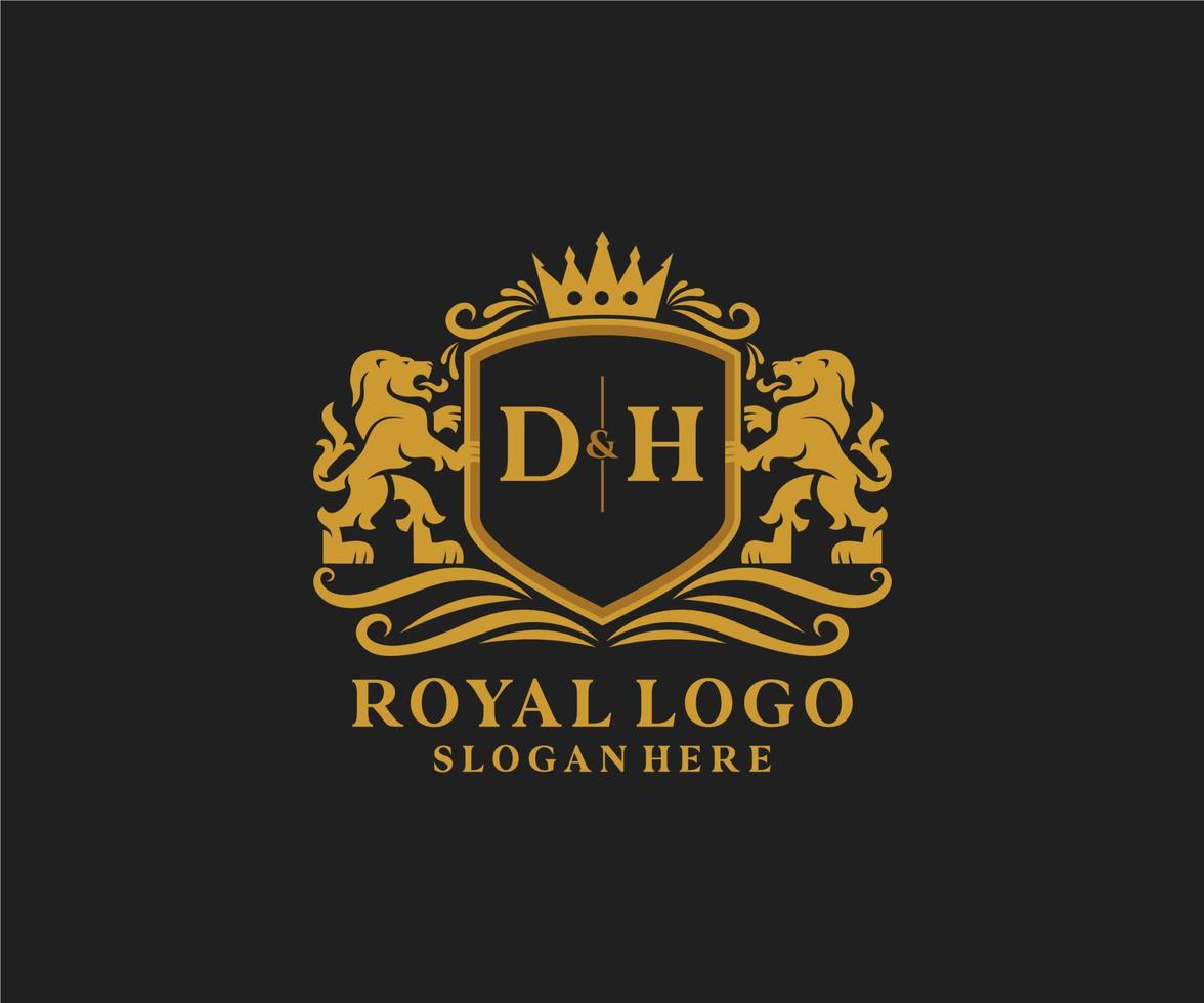 plantilla de logotipo de lujo real de león de letra dh inicial en arte vectorial para restaurante, realeza, boutique, cafetería, hotel, heráldica, joyería, moda y otras ilustraciones vectoriales. vector