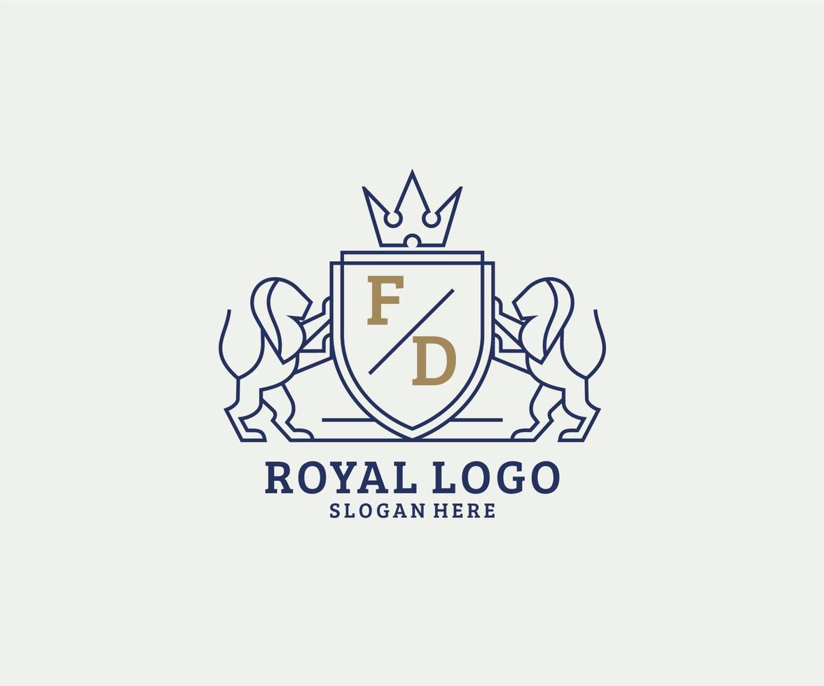 Initial FD Letter Lion Royal Luxury Logo template in vector art for Restaurant, Royalty, Boutique, Cafe, Hotel, Heraldic, Jewelry, Fashion and other vector illustration.