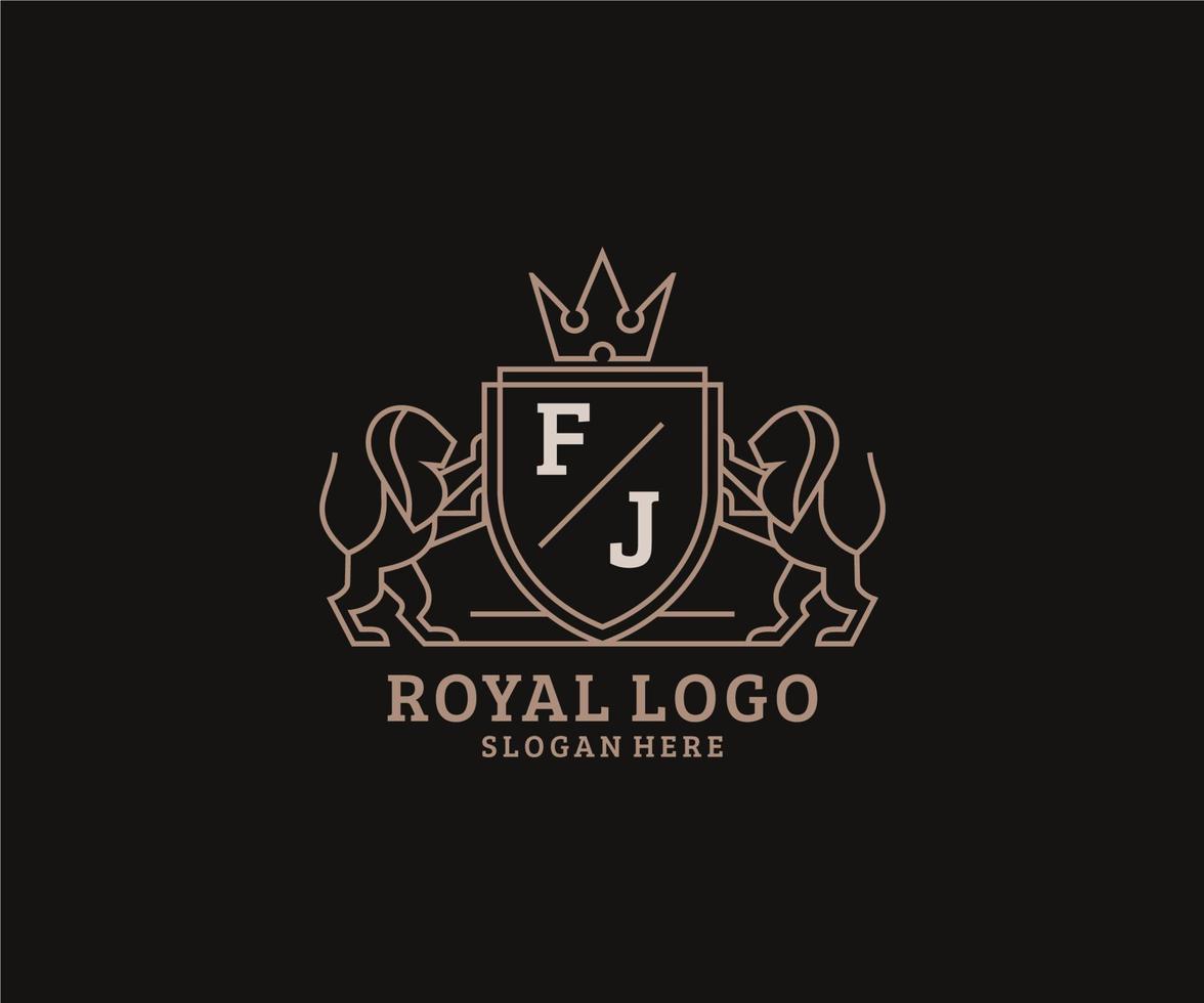 Initial FJ Letter Lion Royal Luxury Logo template in vector art for Restaurant, Royalty, Boutique, Cafe, Hotel, Heraldic, Jewelry, Fashion and other vector illustration.