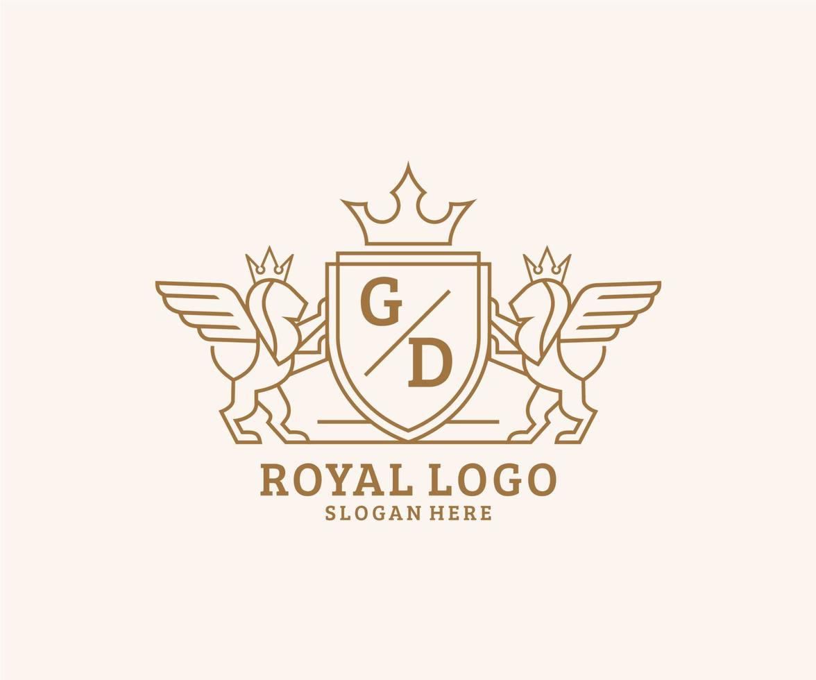 Initial GD Letter Lion Royal Luxury Heraldic,Crest Logo template in vector art for Restaurant, Royalty, Boutique, Cafe, Hotel, Heraldic, Jewelry, Fashion and other vector illustration.